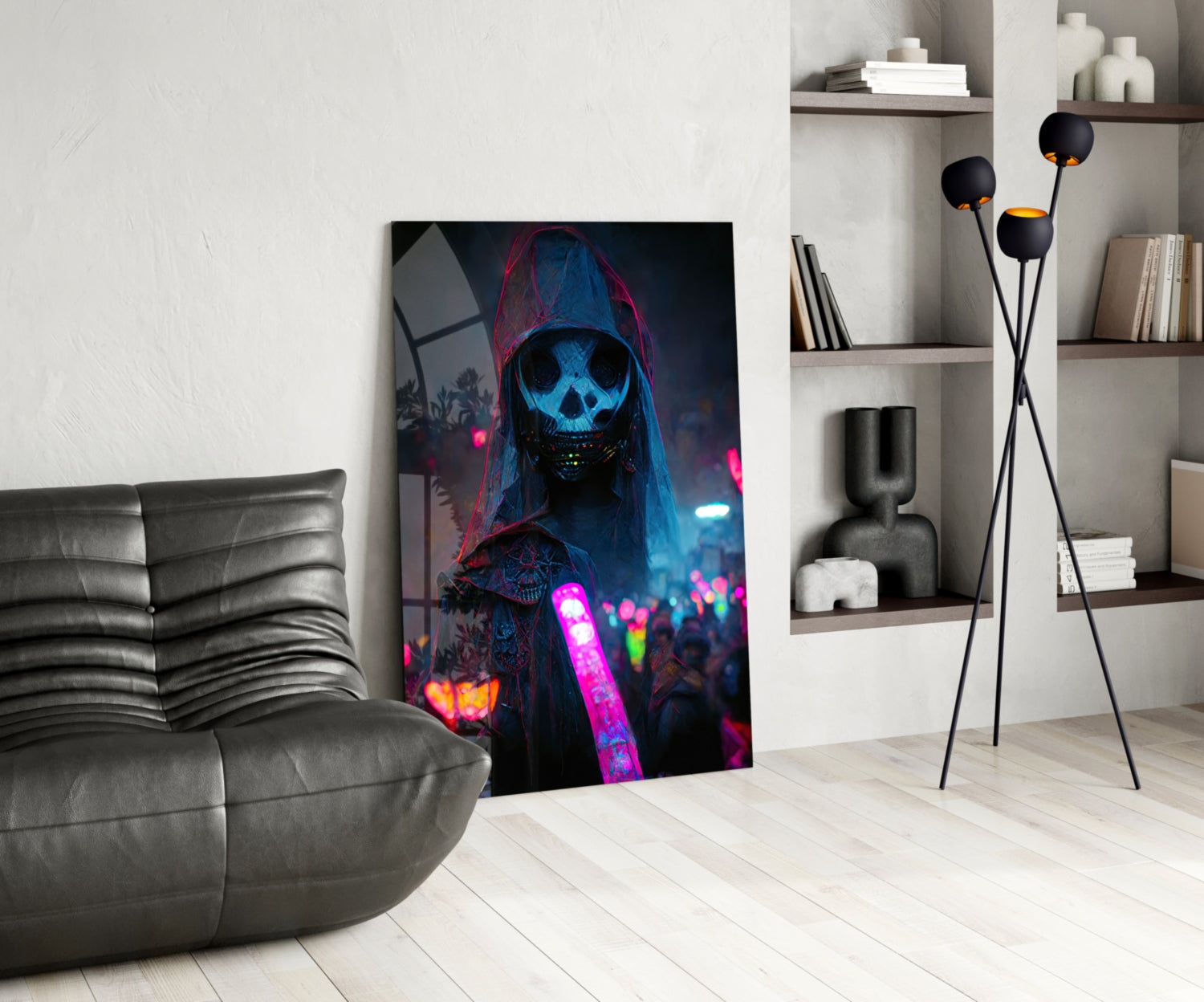 Neon Glow Stick Skull Mask Figure Glass Wall Art