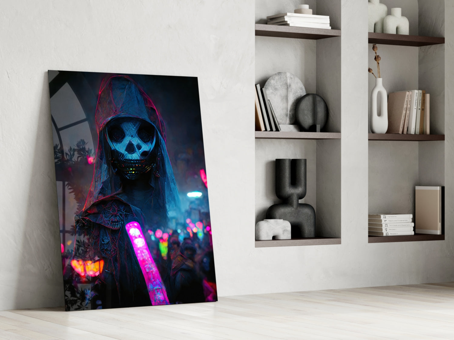 Neon Glow Stick Skull Mask Figure Glass Wall Art