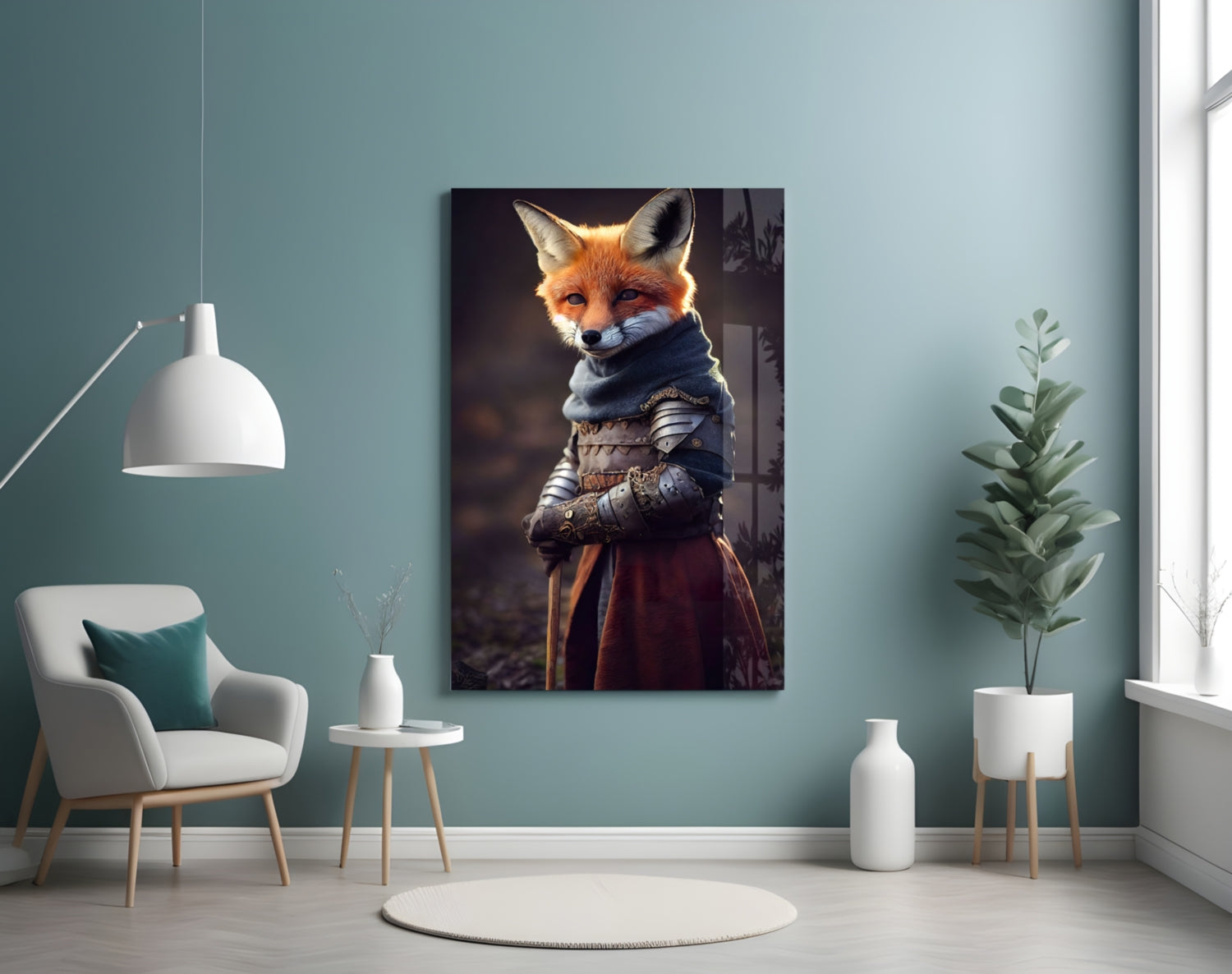 Armored Knight Fox Portrait Glass Wall Art