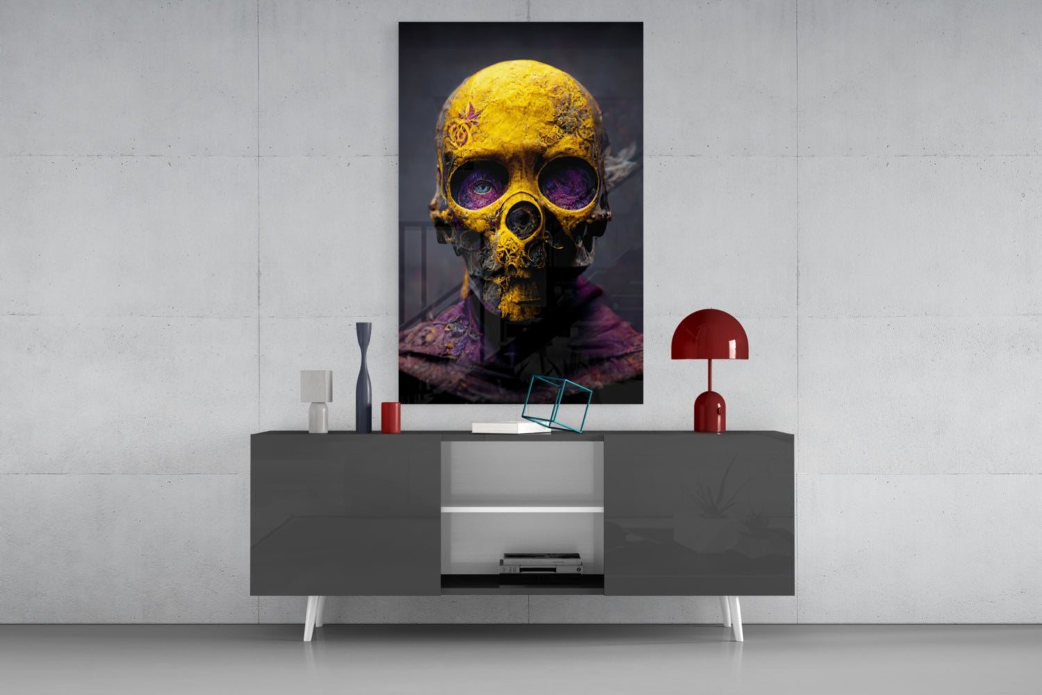Yellow Skull In Purple Hooded Robe Glass Wall Art