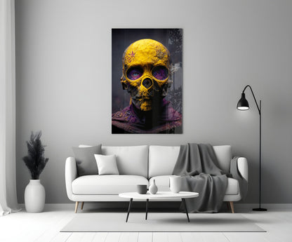Yellow Skull In Purple Hooded Robe Glass Wall Art