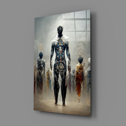 Misty Blue Ethereal Walking Figures Glass Wall Art