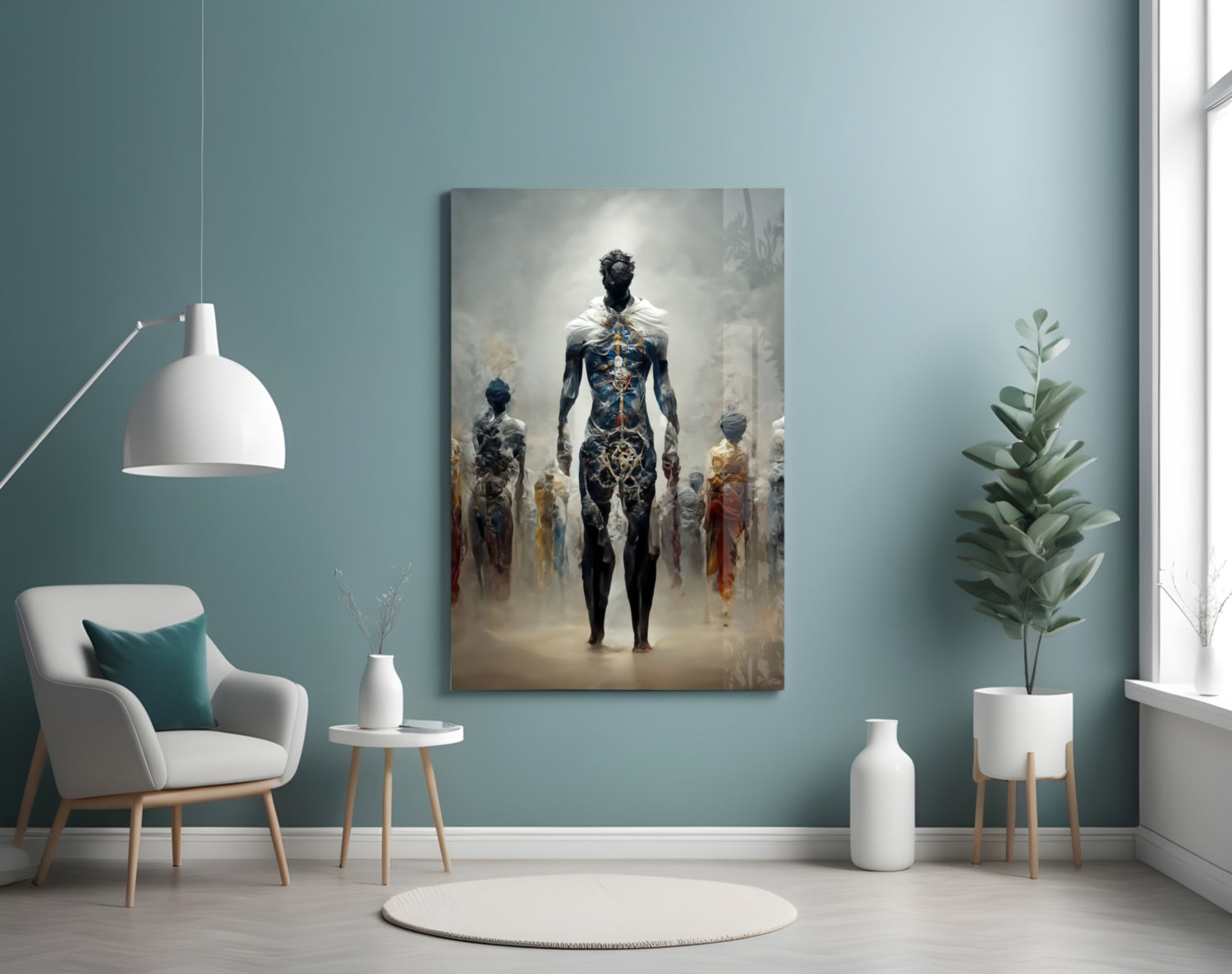 Misty Blue Ethereal Walking Figures Glass Wall Art