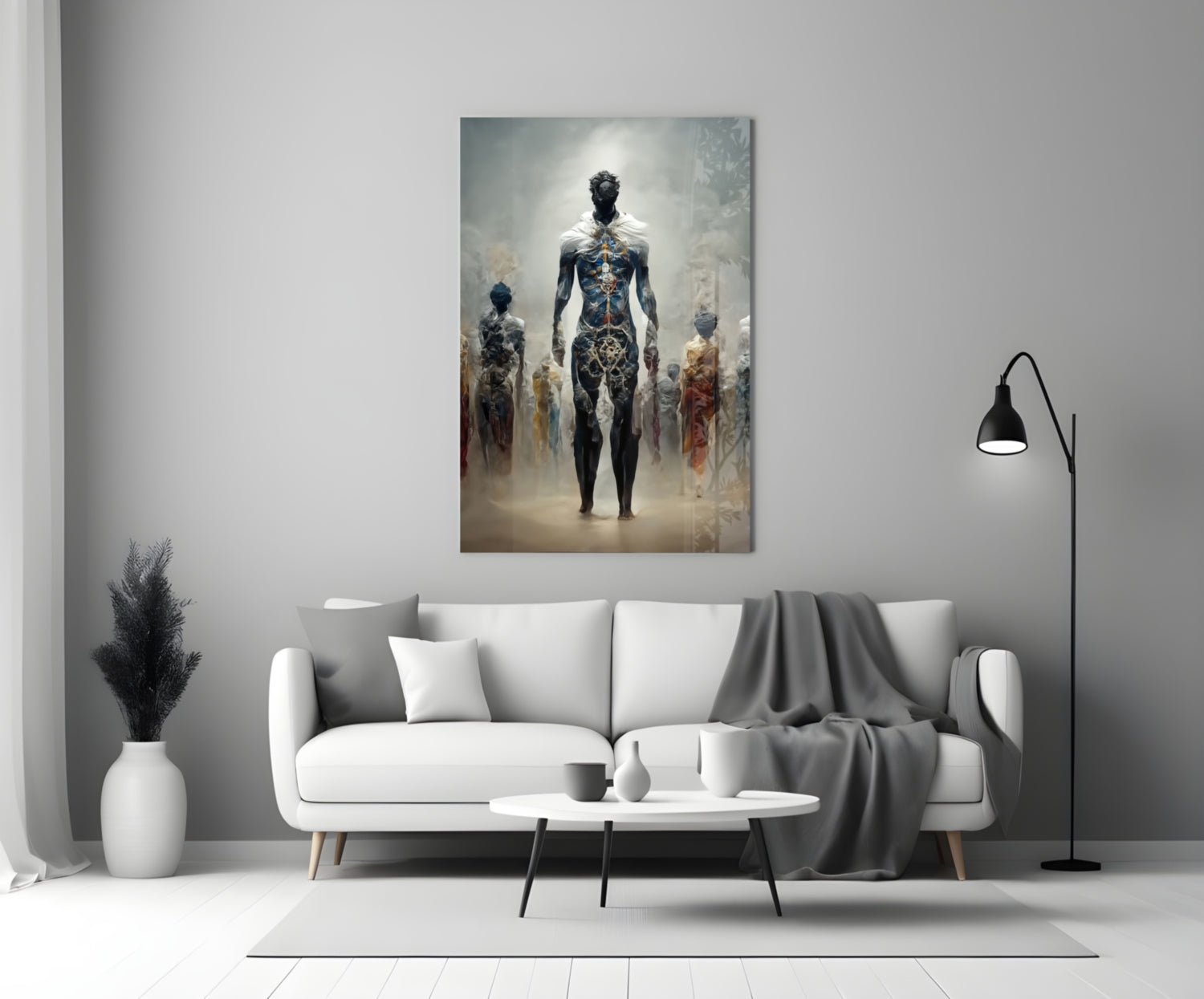 Misty Blue Ethereal Walking Figures Glass Wall Art