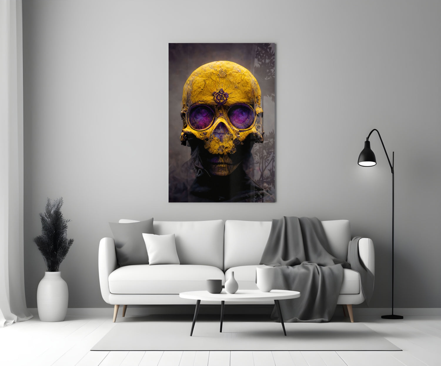 Yellow Skull With Purple Eyes Glass Wall Art