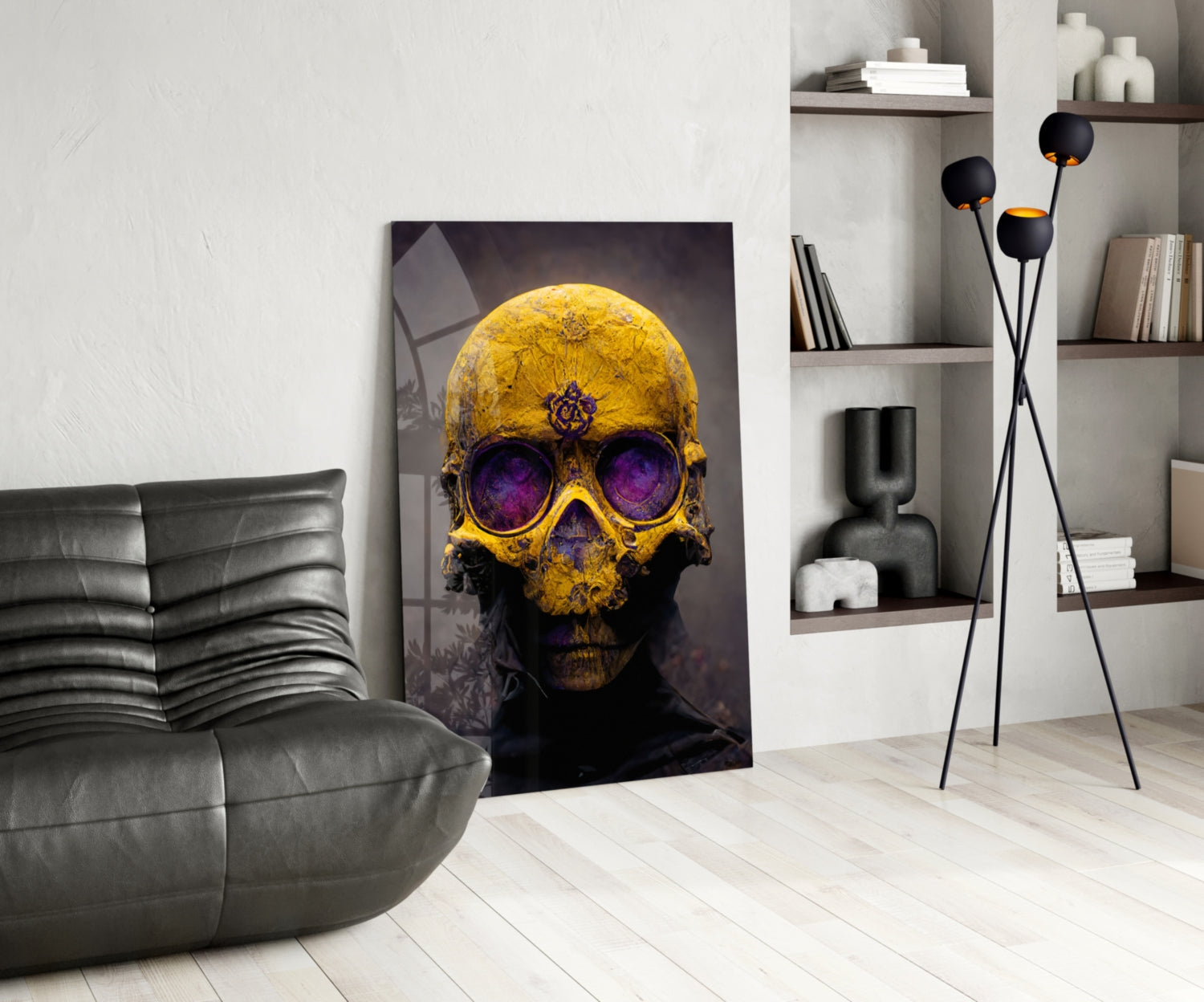 Yellow Skull With Purple Eyes Glass Wall Art
