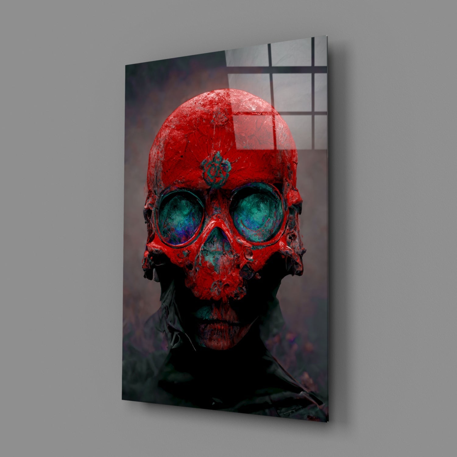 Red Skull With Teal Eye Sockets Glass Wall Art