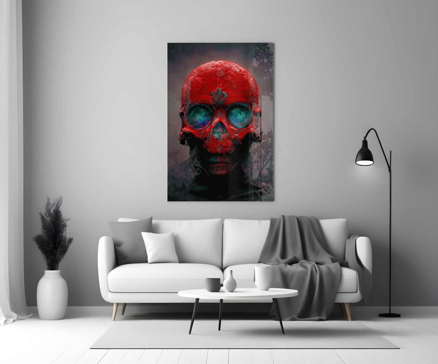 Red Skull With Teal Eye Sockets Glass Wall Art