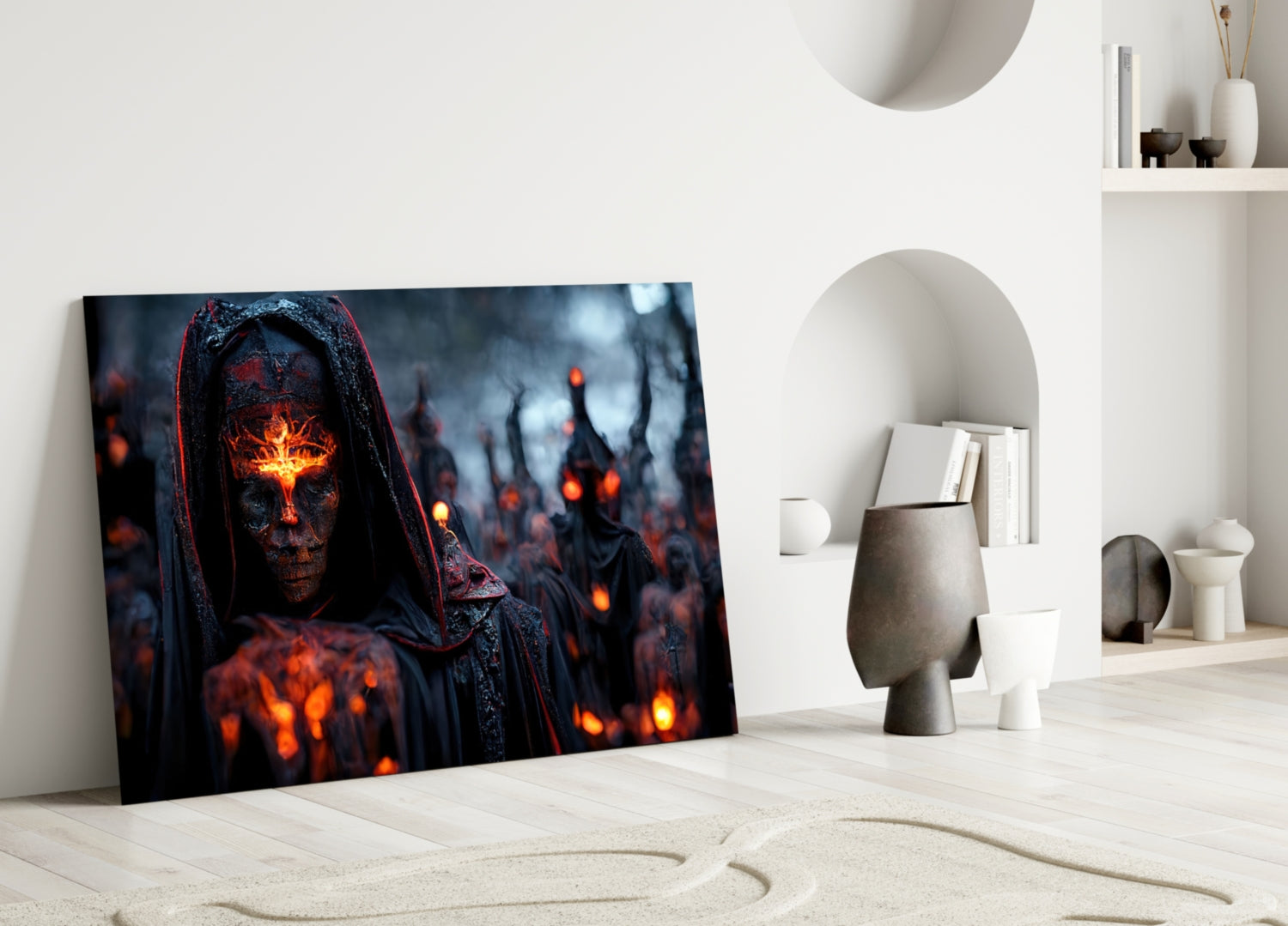 Hooded Figure Fiery Emblem Glass Wall Art