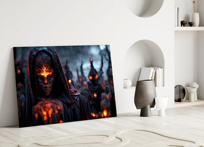 Hooded Figure Fiery Emblem Glass Wall Art