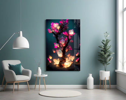 Luminous Pink Crystal Tree Glass Wall Art