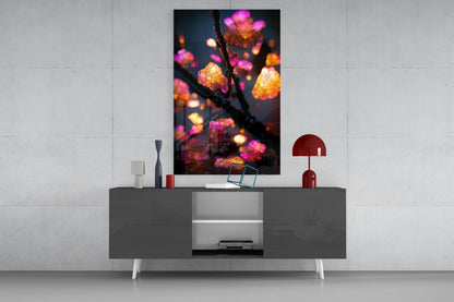 Glowing Amber Crystal Blossom Branch Glass Wall Art