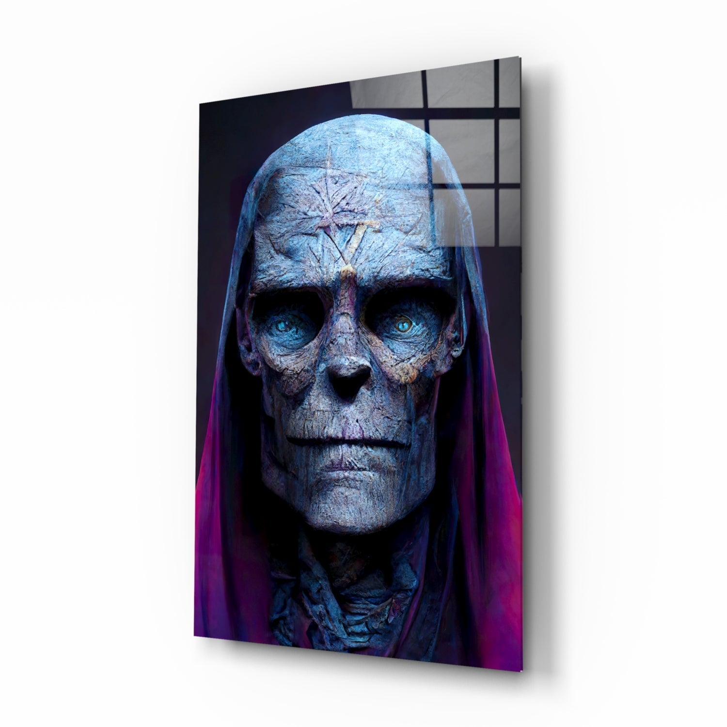 Blue Skull Elder In Magenta Veil Glass Wall Art