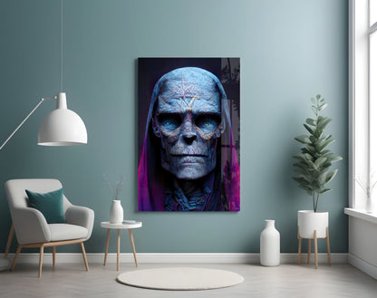 Blue Skull Elder In Magenta Veil Glass Wall Art