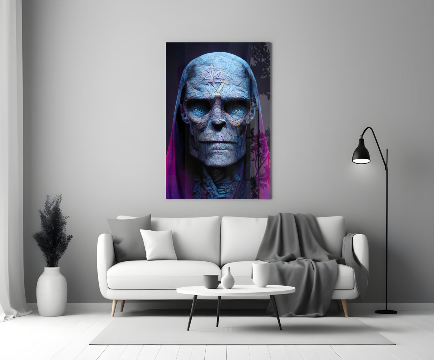 Blue Skull Elder In Magenta Veil Glass Wall Art