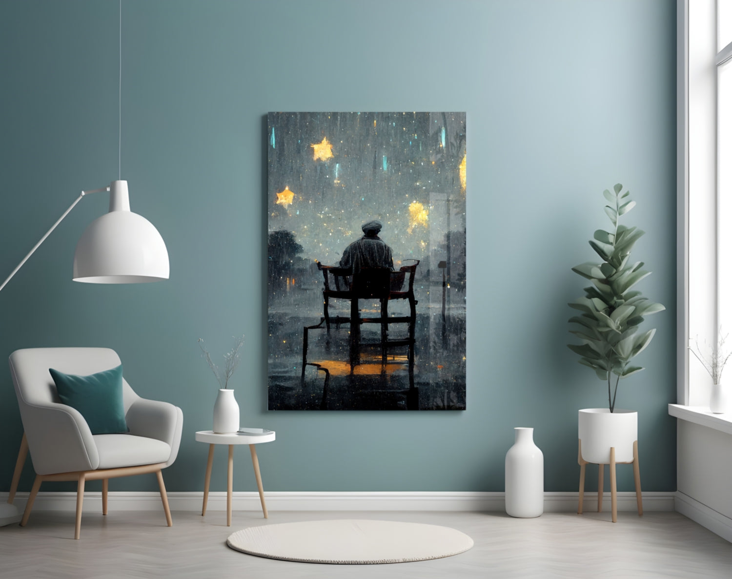 Stormy Sky Golden Stars Lone Chair Glass Wall Art
