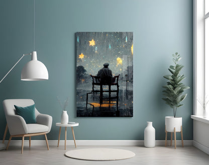 Stormy Sky Golden Stars Lone Chair Glass Wall Art
