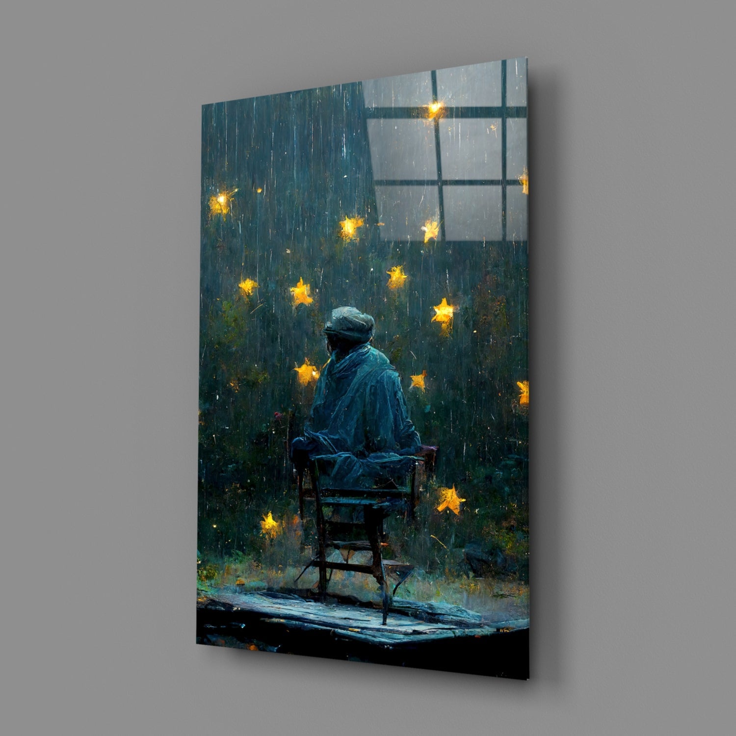 Rainy Night Glowing Stars Seated Man Glass Wall Art