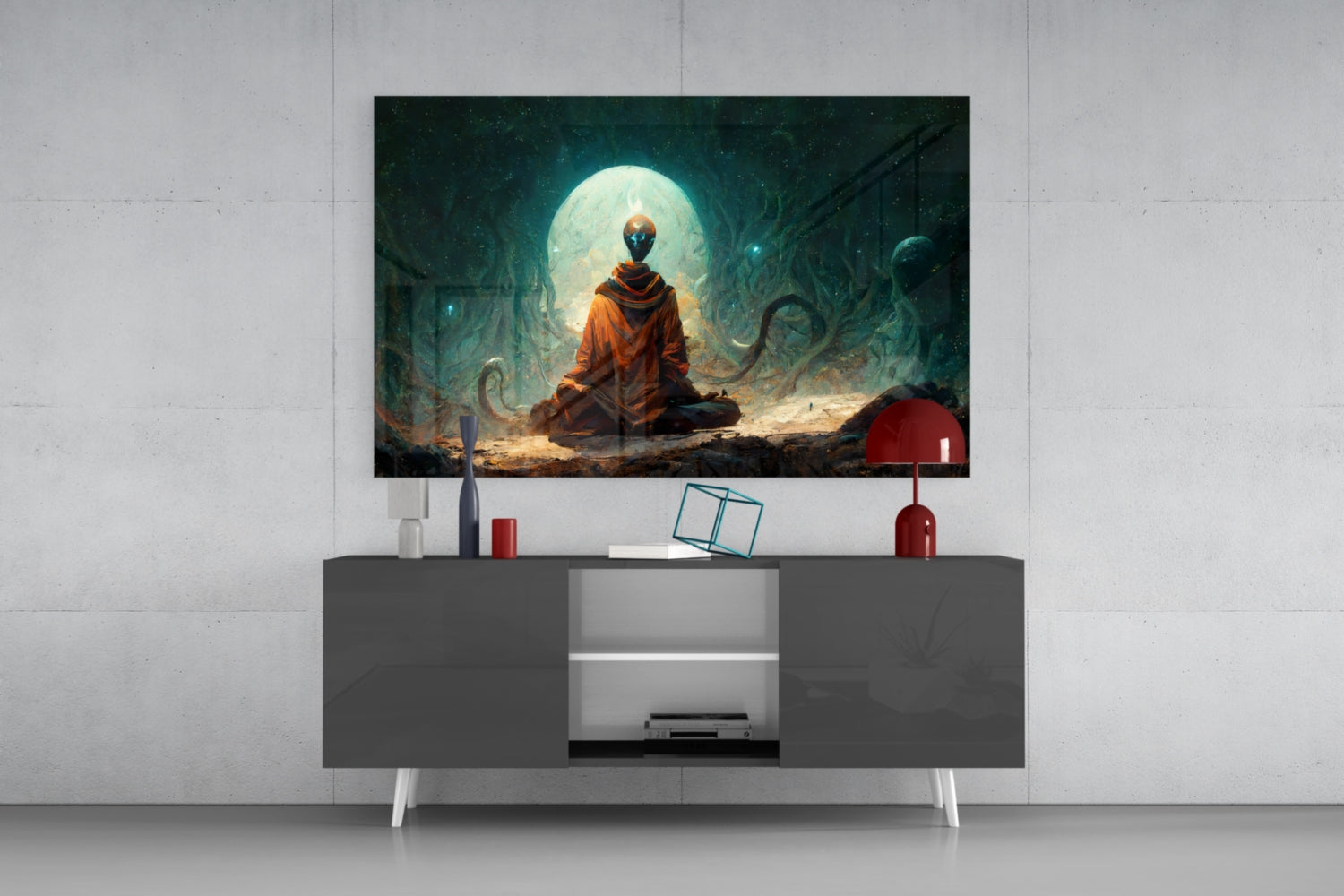 Orange Robed Monk Under Teal Moon Glass Wall Art