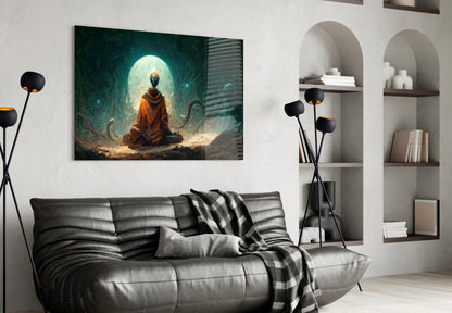 Orange Robed Monk Under Teal Moon Glass Wall Art