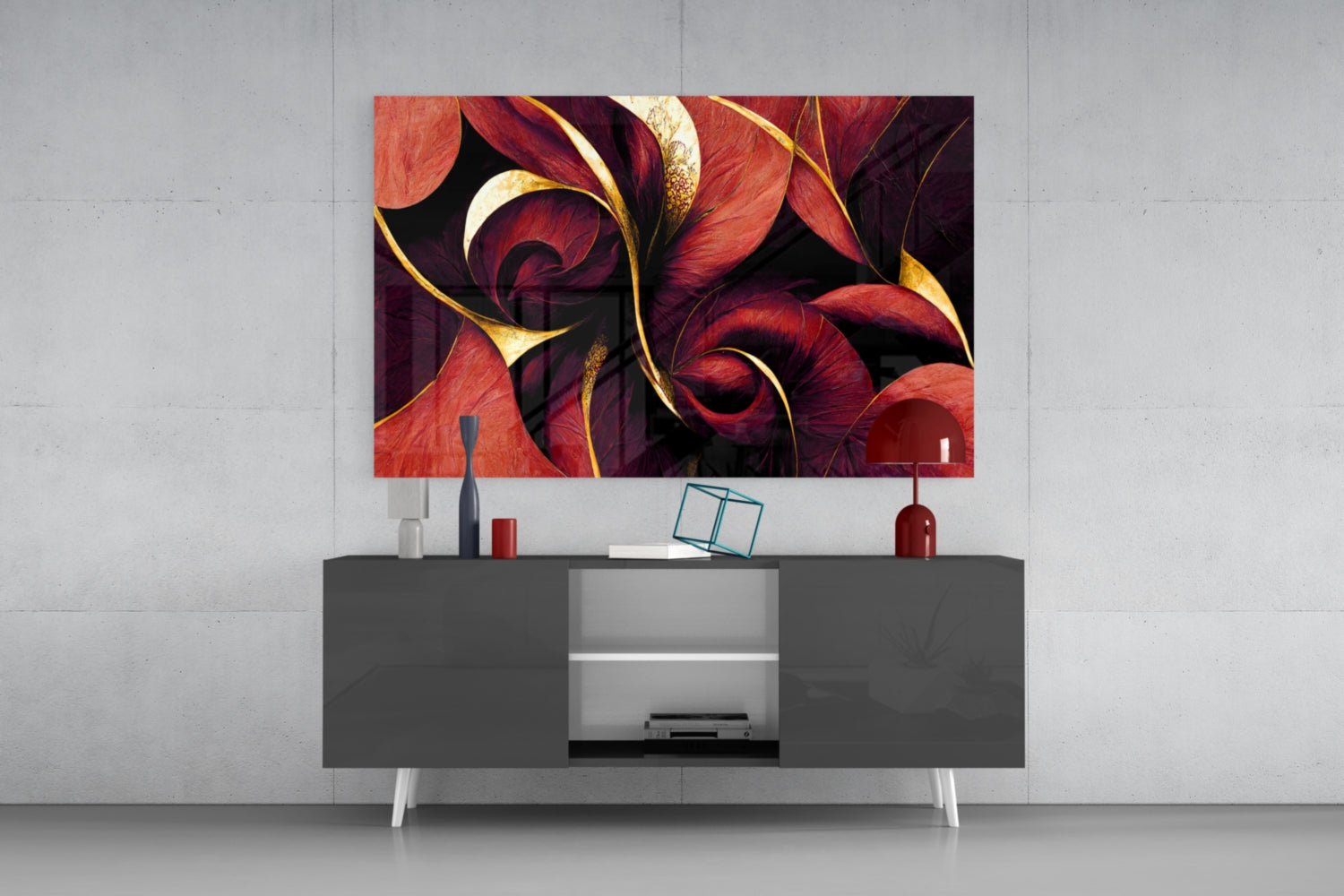Crimson Petal Swirls Gold Ribbon Glass Wall Art