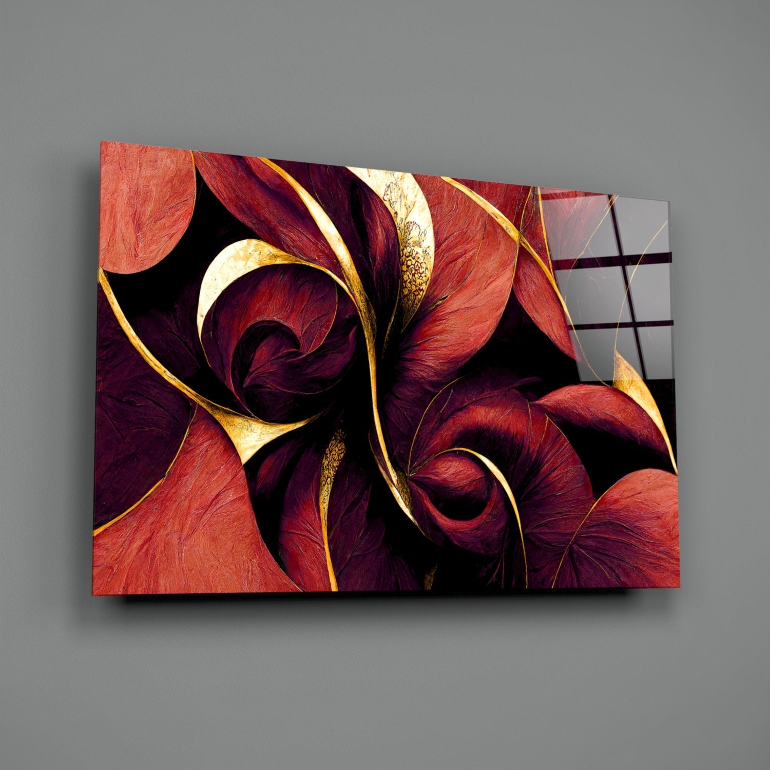 Crimson Petal Swirls Gold Ribbon Glass Wall Art