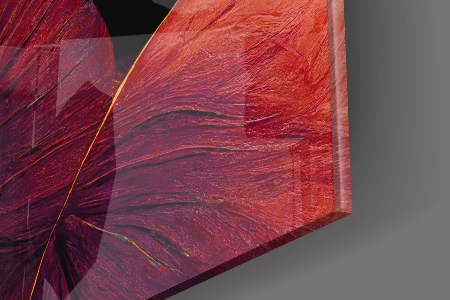 Crimson Petal Swirls Gold Ribbon Glass Wall Art