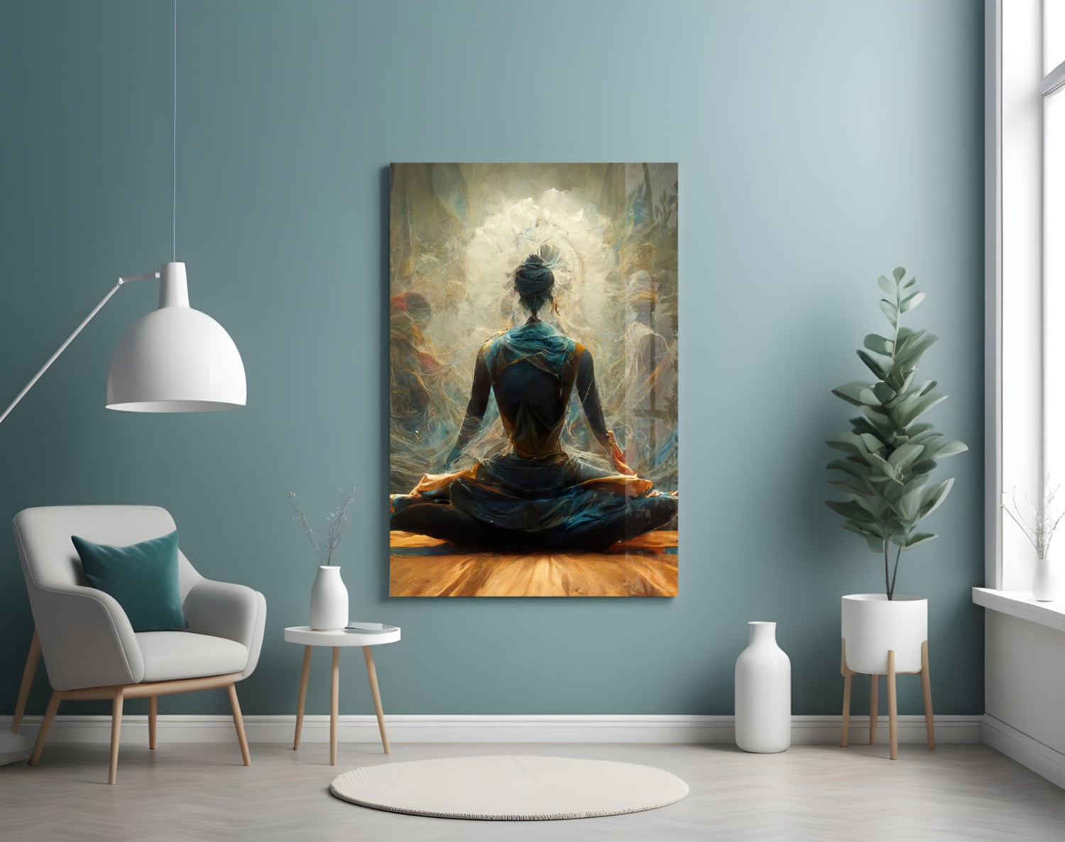 Lotus Pose With White Mandala Halo Glass Wall Art