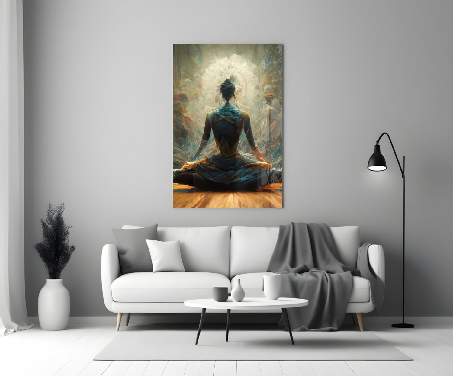 Lotus Pose With White Mandala Halo Glass Wall Art