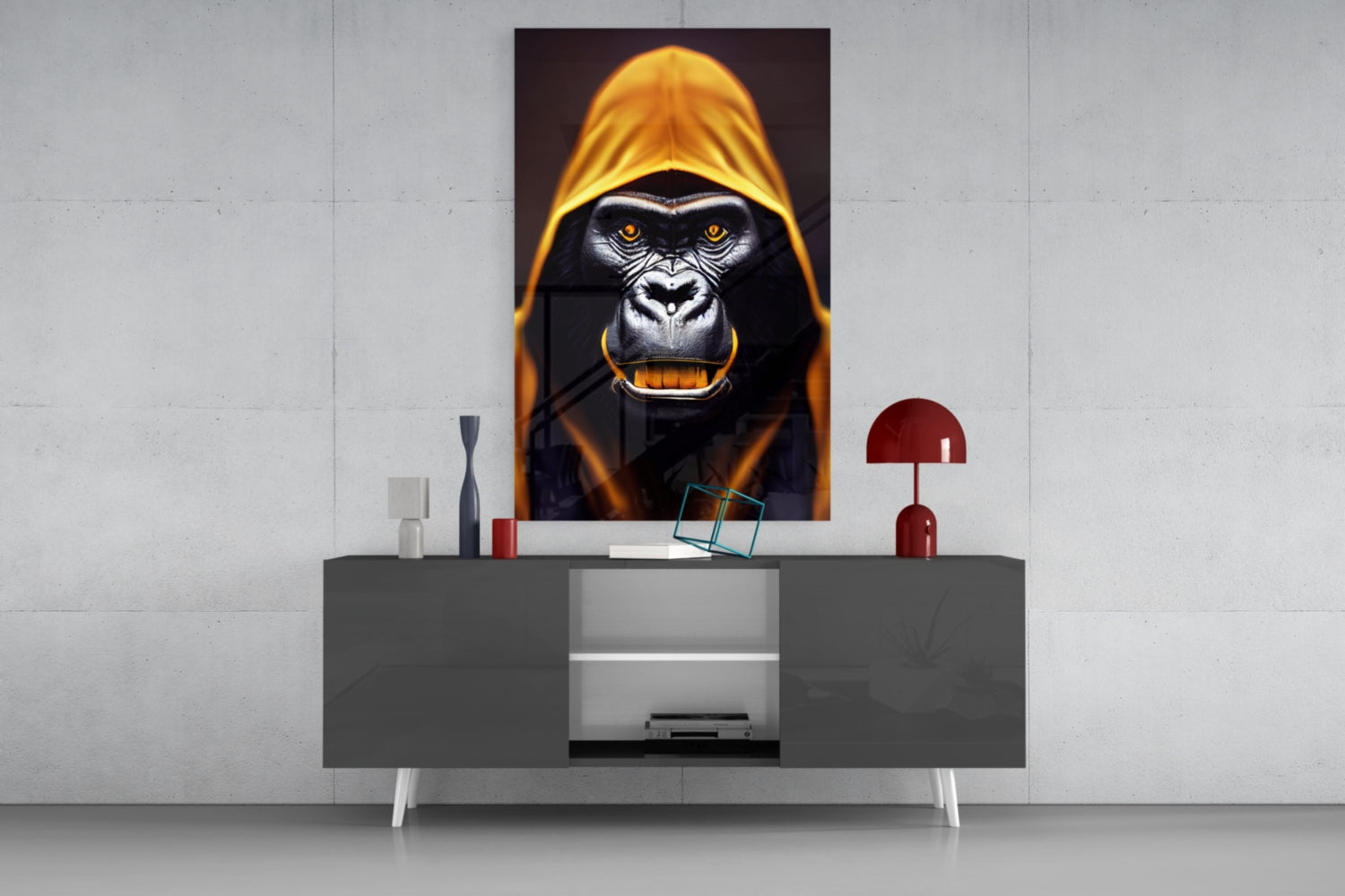 Glowing Amber Hood Gorilla Portrait Glass Wall Art