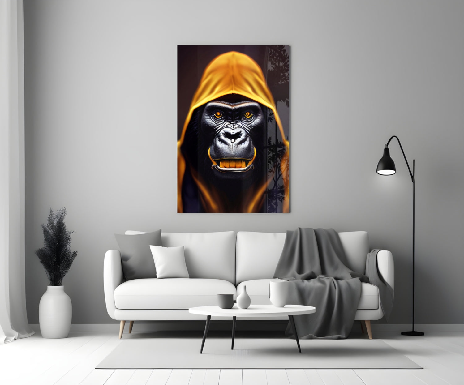 Glowing Amber Hood Gorilla Portrait Glass Wall Art