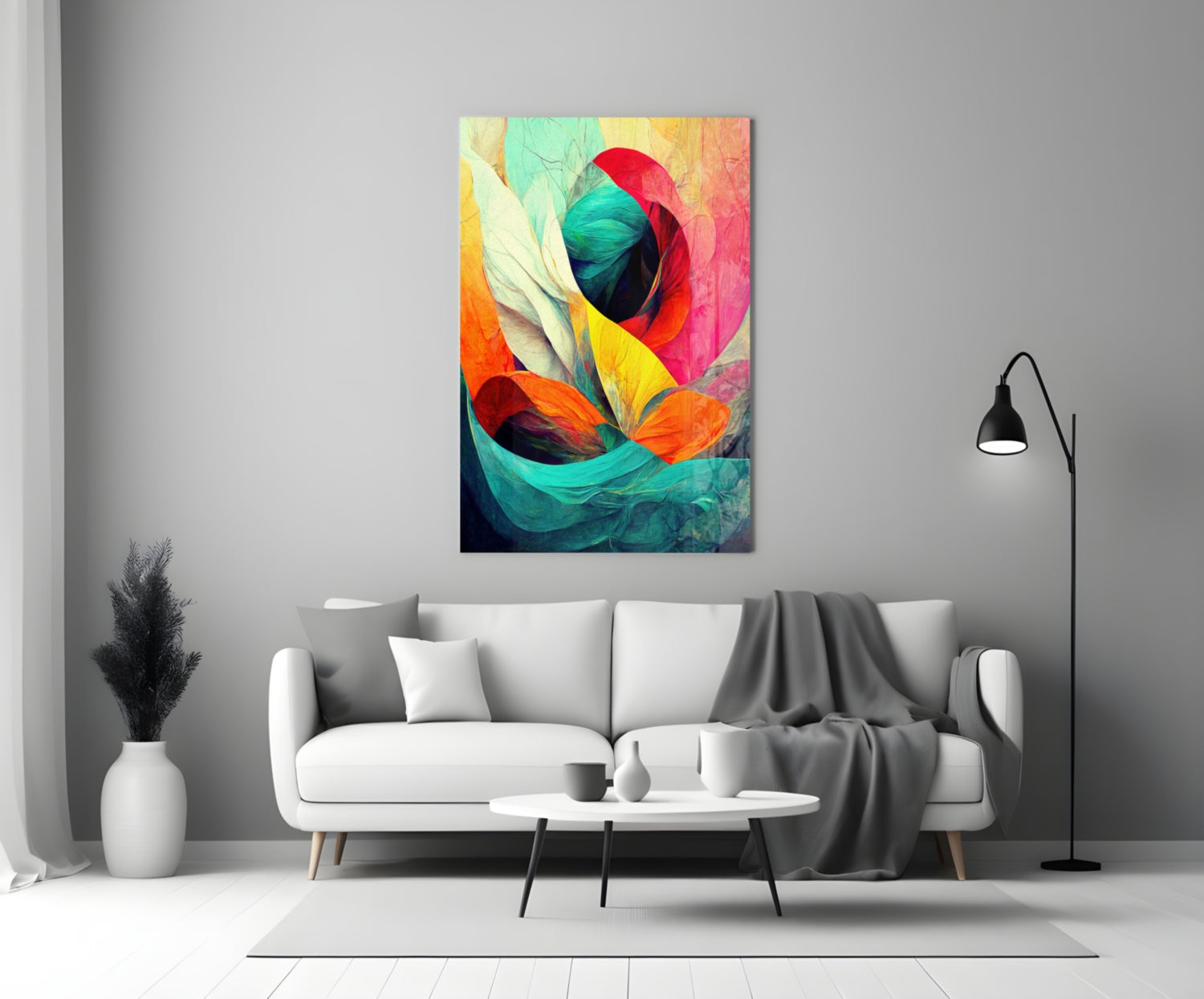 Crimson Bloom Teal Ribbon Abstract Glass Wall Art