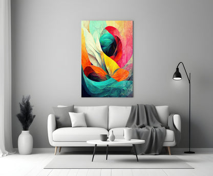 Crimson Bloom Teal Ribbon Abstract Glass Wall Art