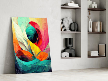 Crimson Bloom Teal Ribbon Abstract Glass Wall Art