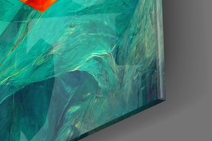 Teal Wave Orange Petal Abstract Glass Wall Art