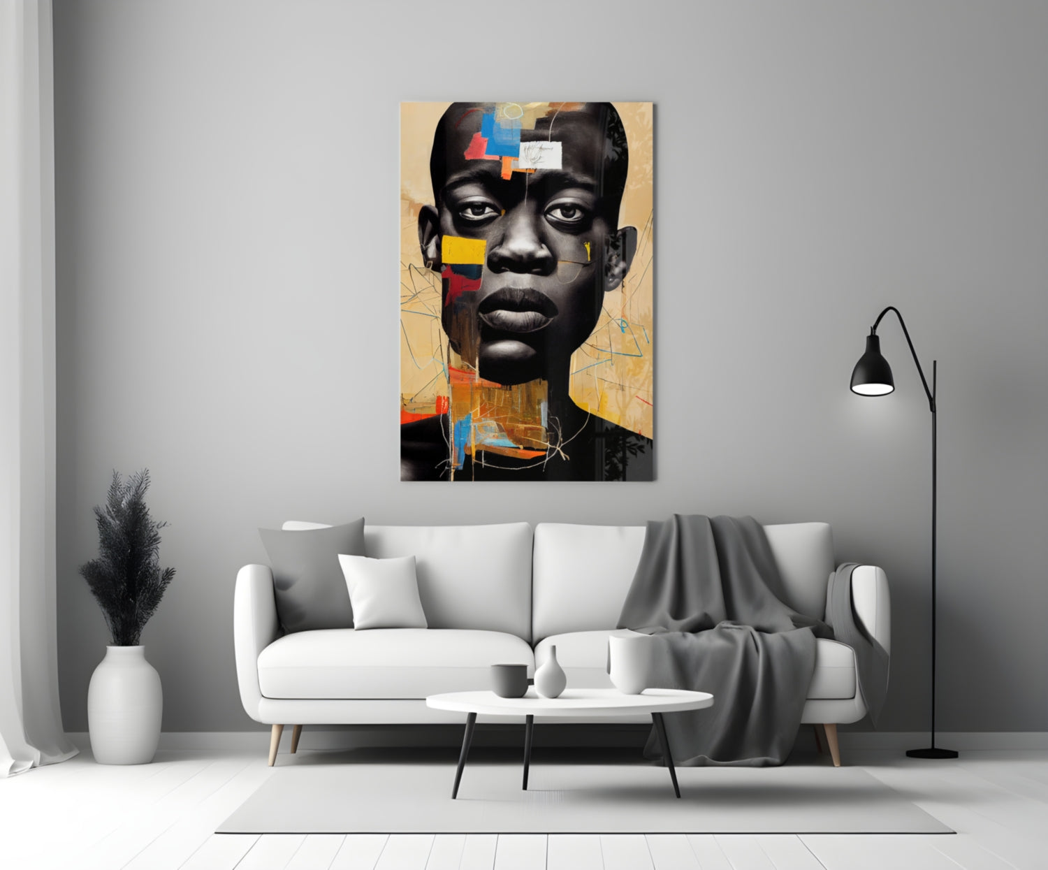 Golden Tan Sketch Collage Portrait Glass Wall Art