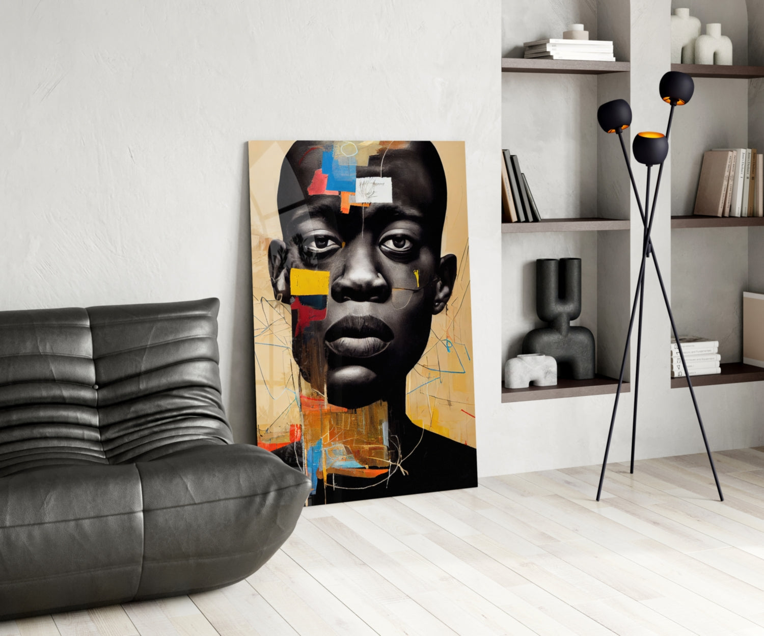 Golden Tan Sketch Collage Portrait Glass Wall Art
