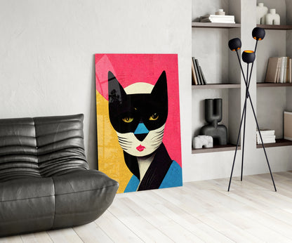 Masked Cat on Pink Grid Backdrop Glass Wall Art