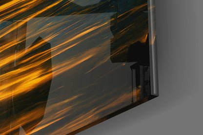 Foggy Lake Boat at Amber Dawn Glass Wall Art