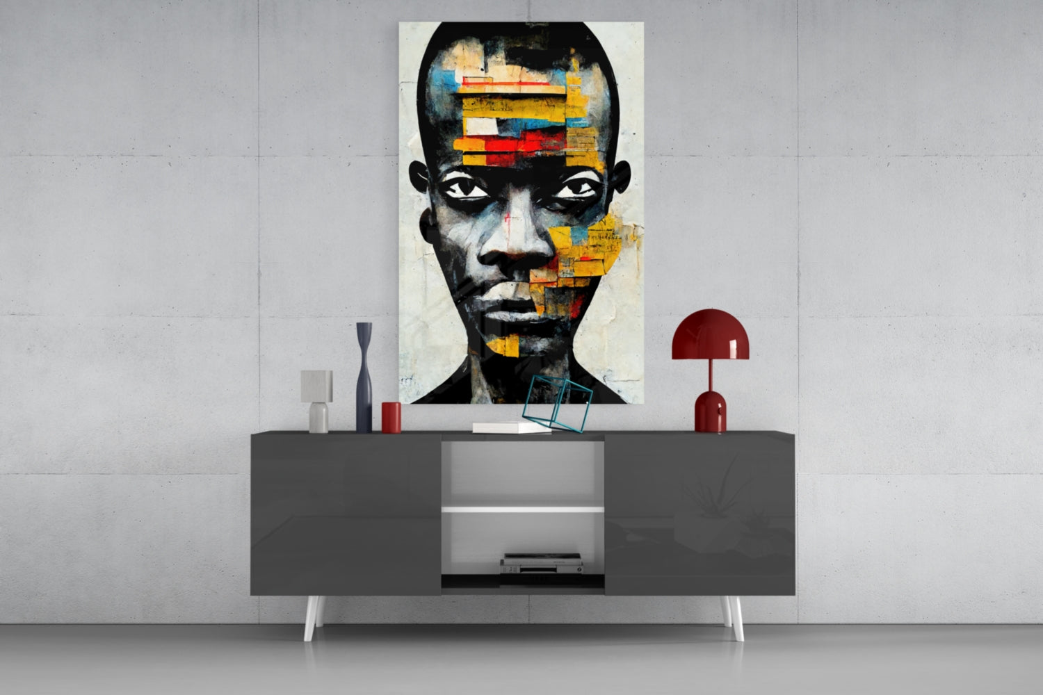Yellow Paper Strip Collage Portrait Glass Wall Art