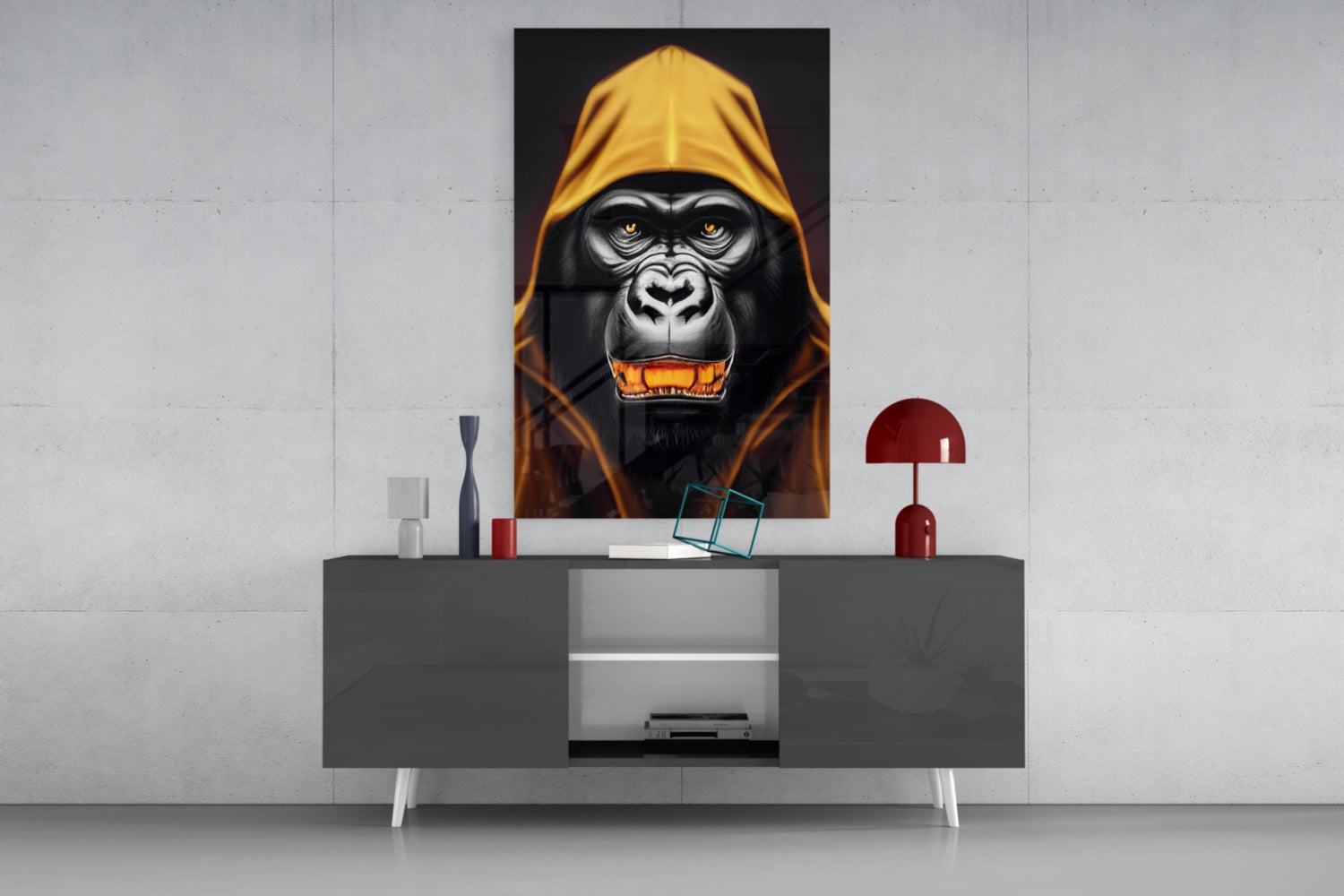 Yellow Hooded Gorilla Gold Grin Glass Wall Art