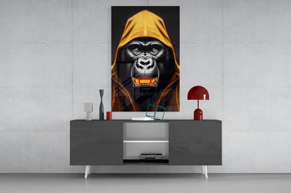Yellow Hooded Gorilla Gold Grin Glass Wall Art