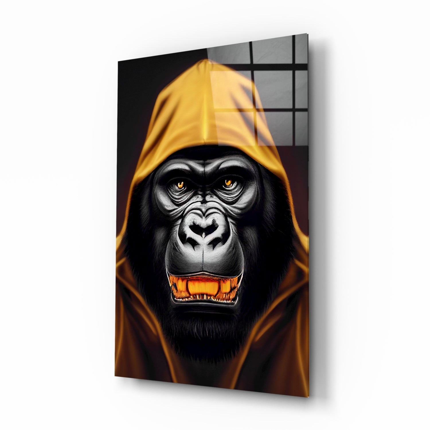 Yellow Hooded Gorilla Gold Grin Glass Wall Art