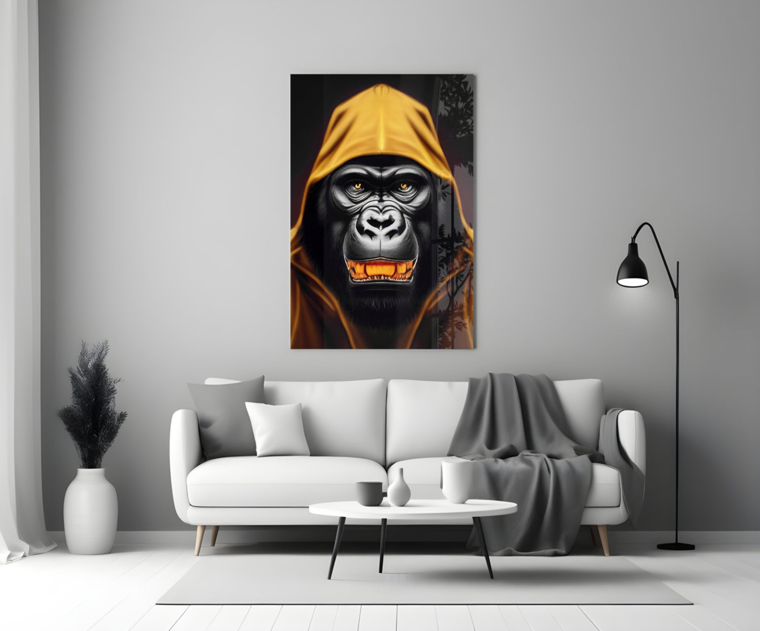 Yellow Hooded Gorilla Gold Grin Glass Wall Art