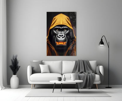 Yellow Hooded Gorilla Gold Grin Glass Wall Art