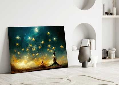 Meditation Falling Stars Teal Glass Wall Art
