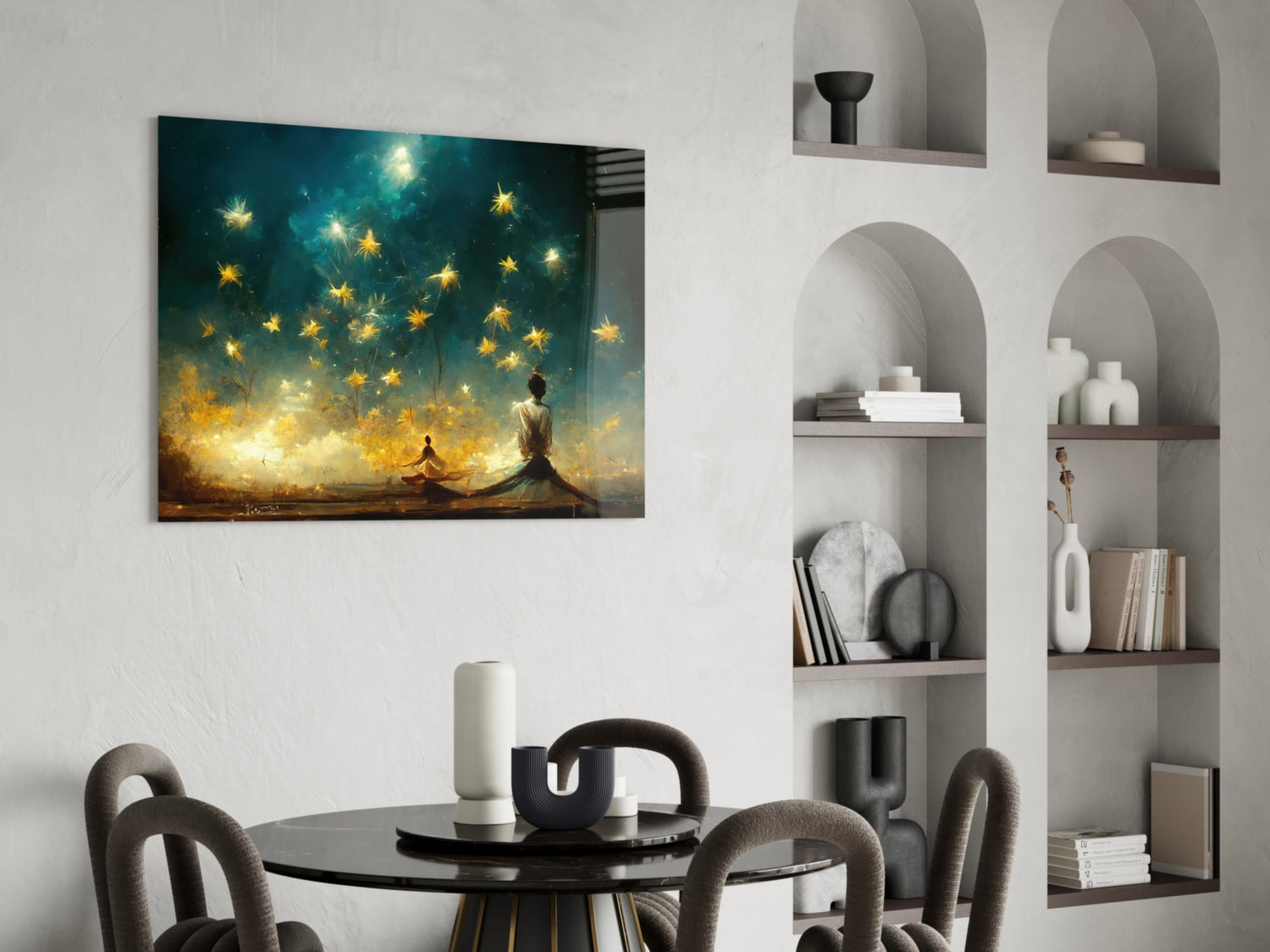 Meditation Falling Stars Teal Glass Wall Art
