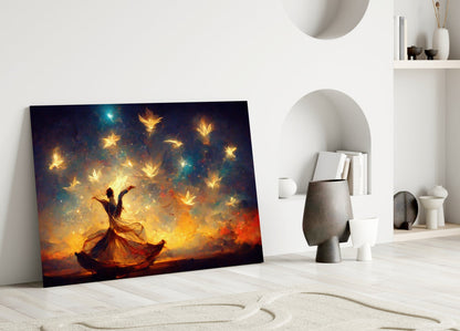 Dancer Glowing Birds Sunset Glass Wall Art