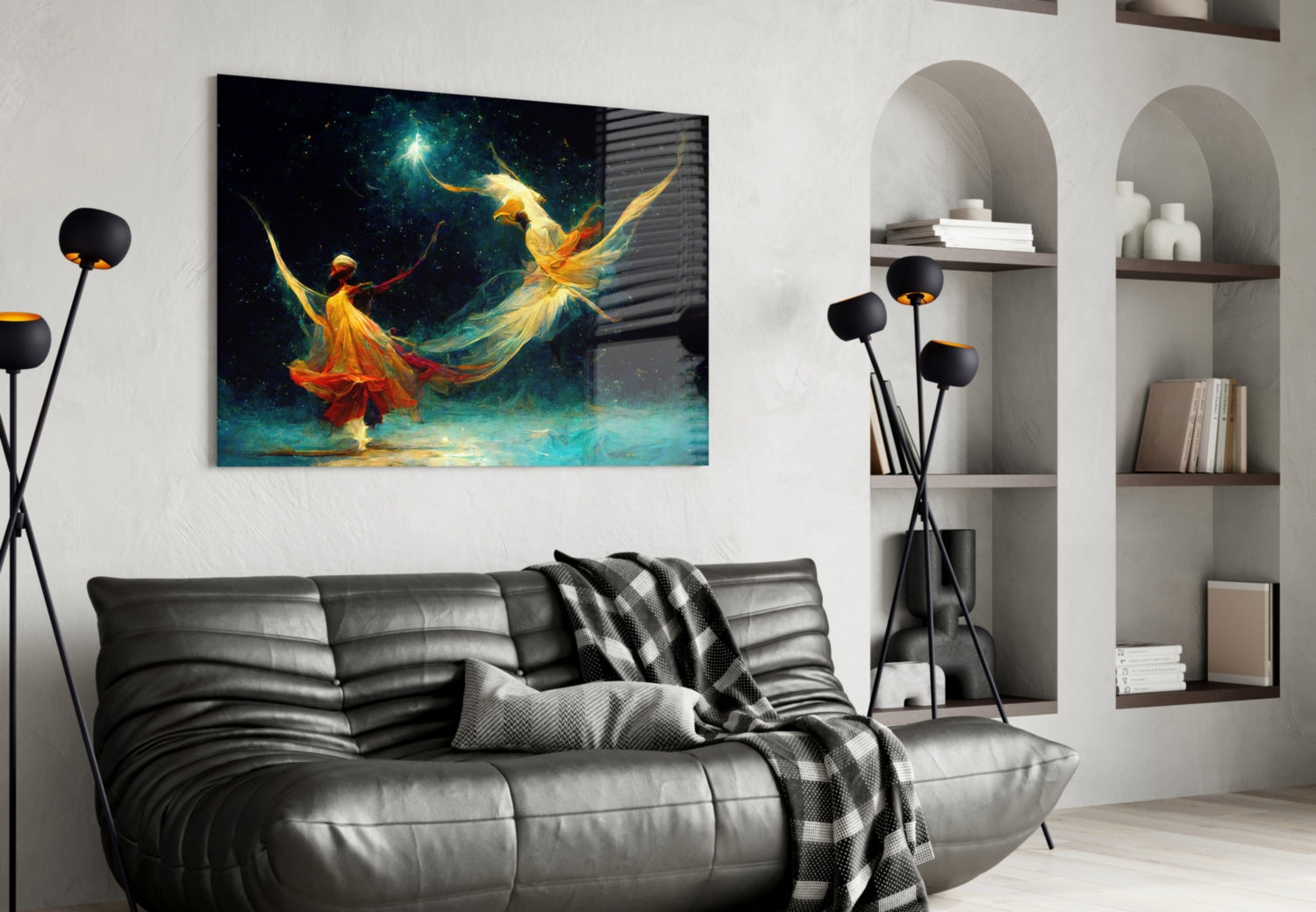 Golden Dancers Cosmic Teal Glass Wall Art