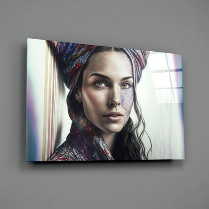Paisley Scarf Woman Floral Face Tattoo Glass Wall Art